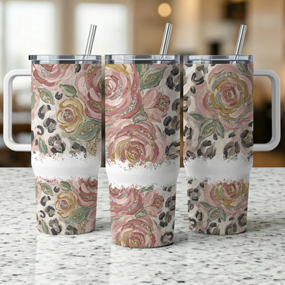 Three floral tumblers with leopard print accent and a ribbed band.