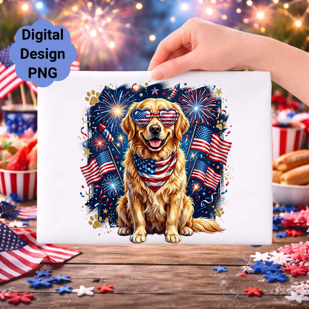 Golden retriever wearing sunglasses and bandana, surrounded by fireworks and American flags.