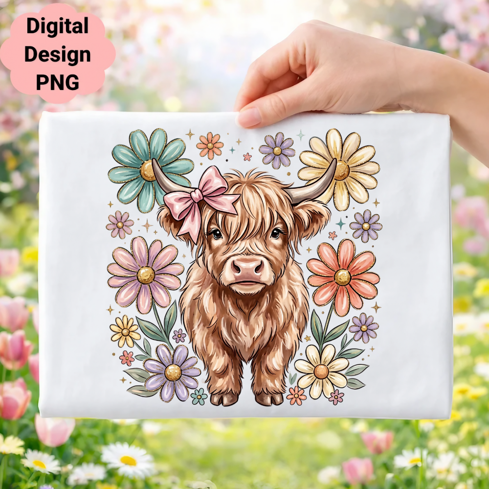 Highland cow with flowers and pink bow, digital design.