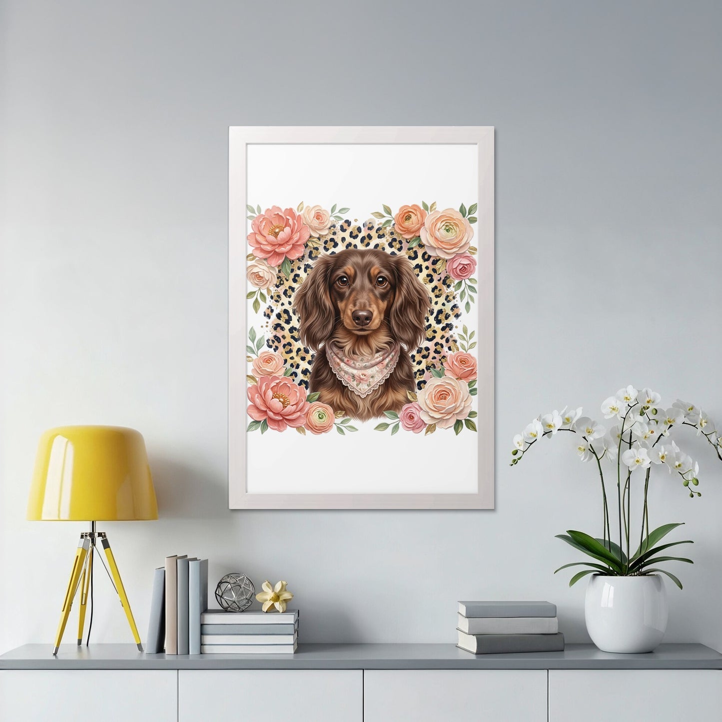 Dachshund with floral accents in a white frame.