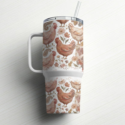 Floral chicken pattern tumbler with handle and straw.