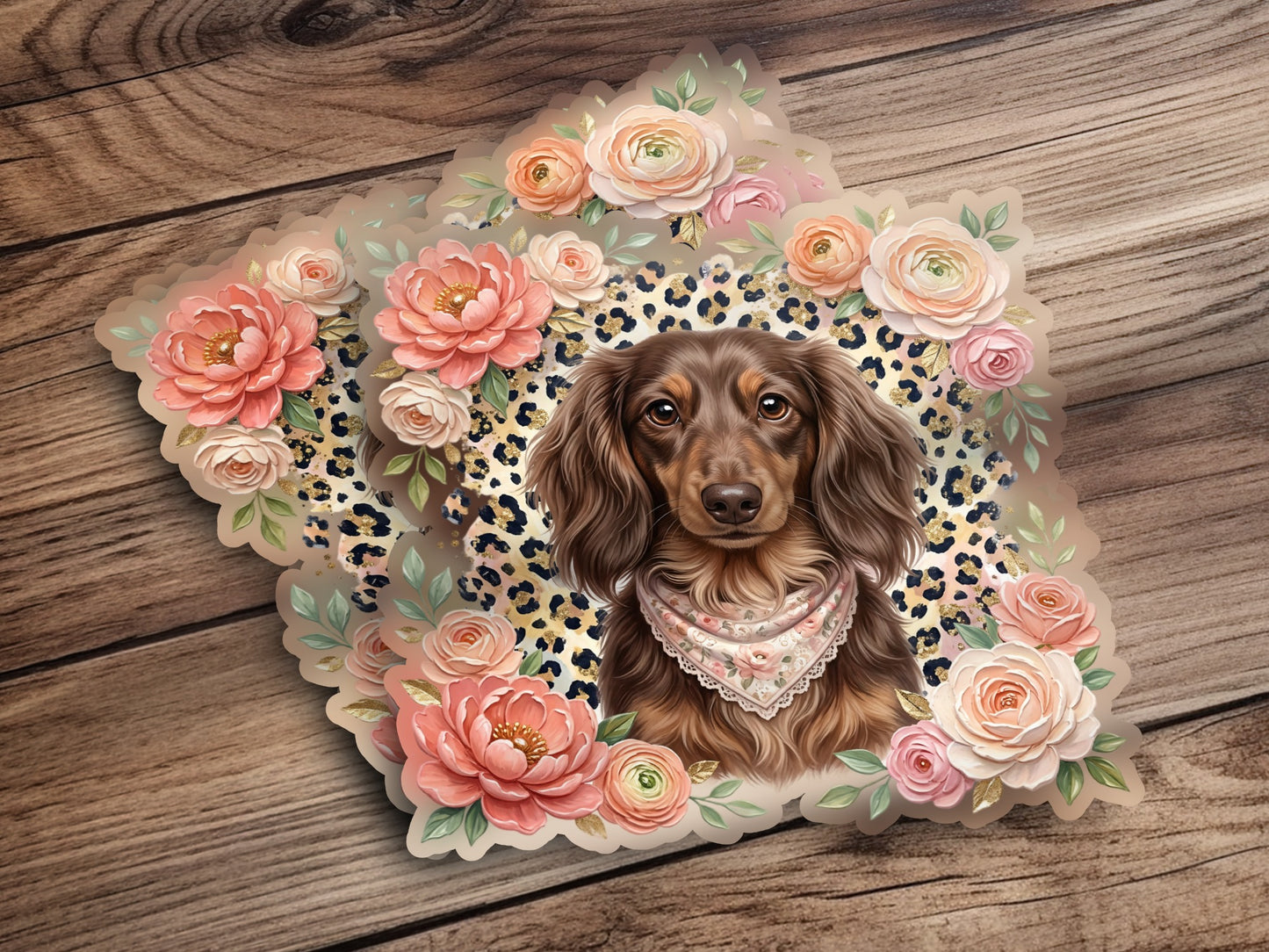 Dachshund with floral border and leopard print background.