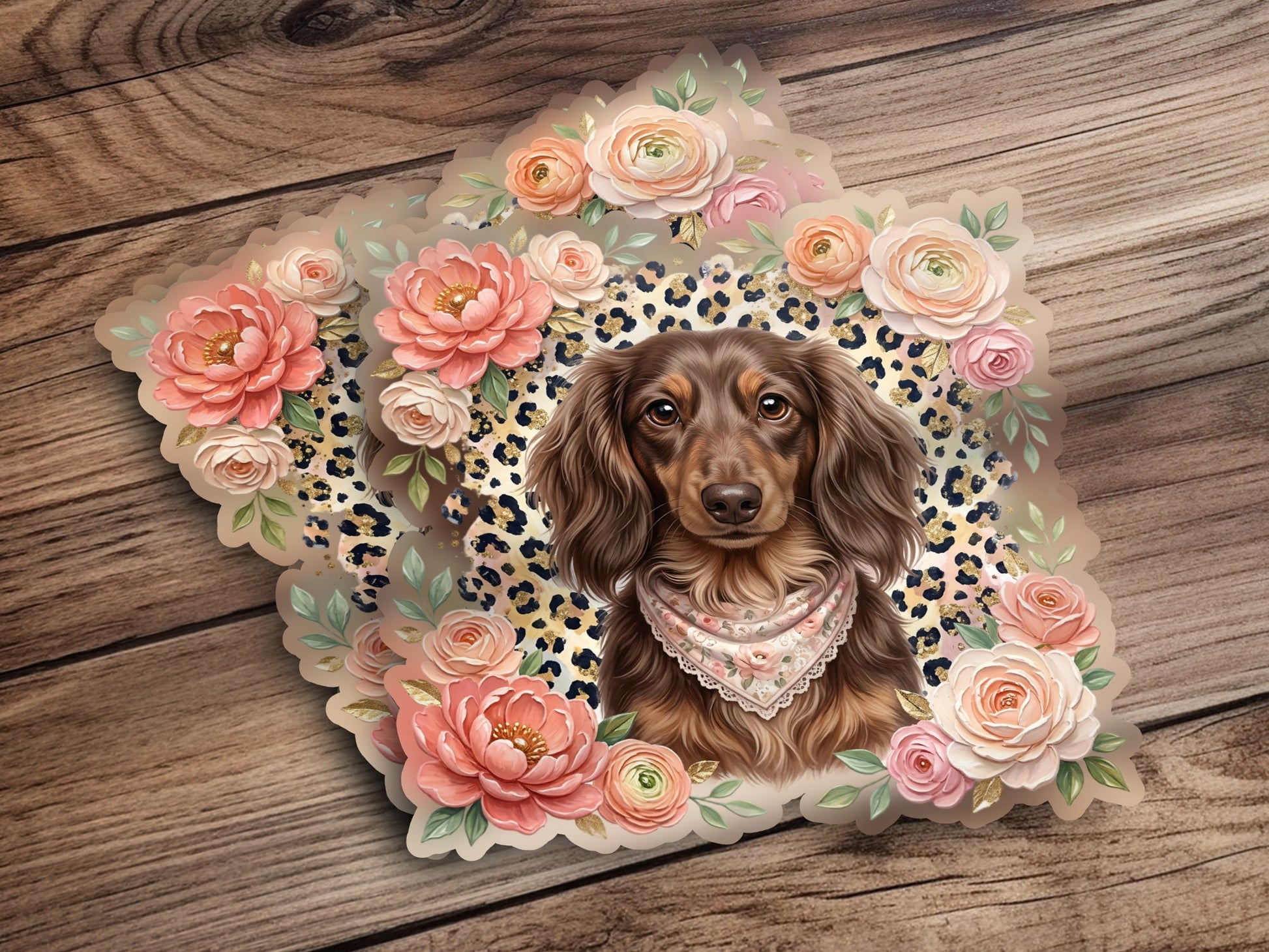 Dachshund with floral border and leopard print background.