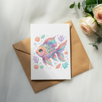 Illustration of a colorful goldfish with shells and bubbles on a greeting card.