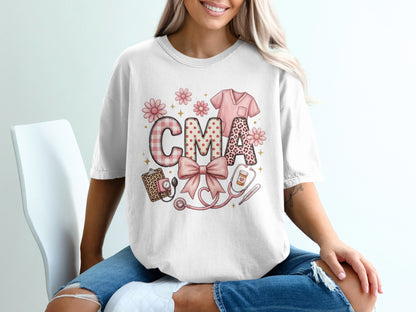 CMA shirt with stethoscope, scrubs, and floral leopard print letters.