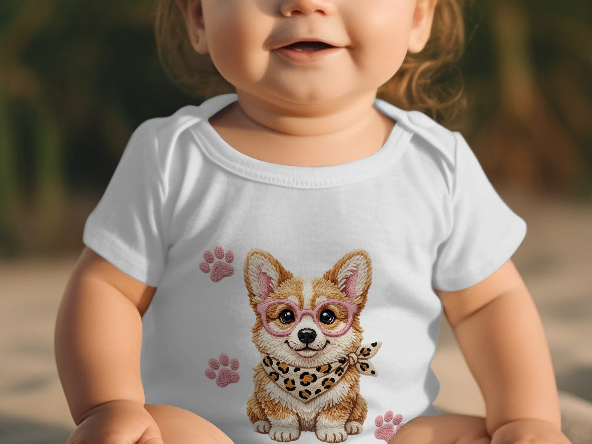 White baby onesie with a corgi wearing glasses and a bandana.