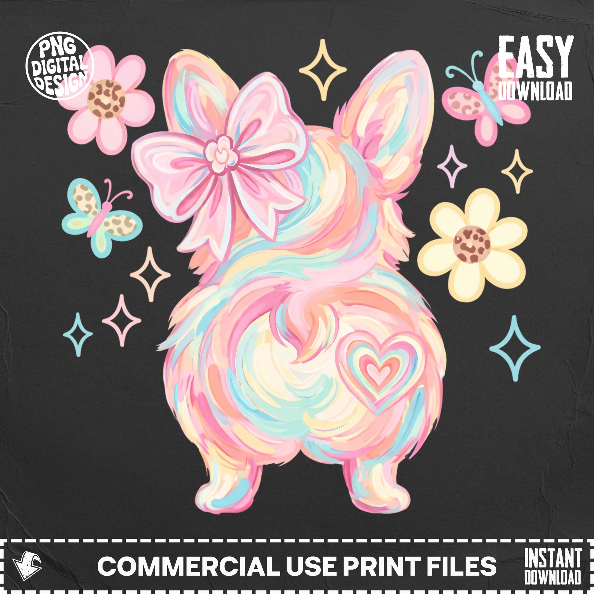 Corgi butt with rainbow pastel colors and floral accents.