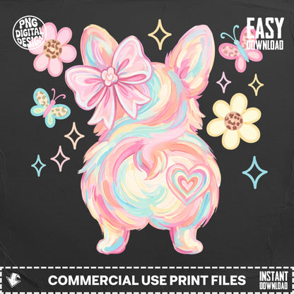 Corgi butt with rainbow pastel colors and floral accents.