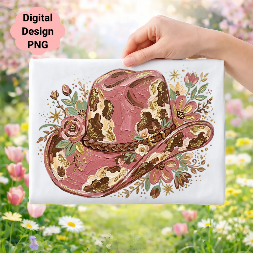Pink floral cowboy hat with gold accents on canvas.