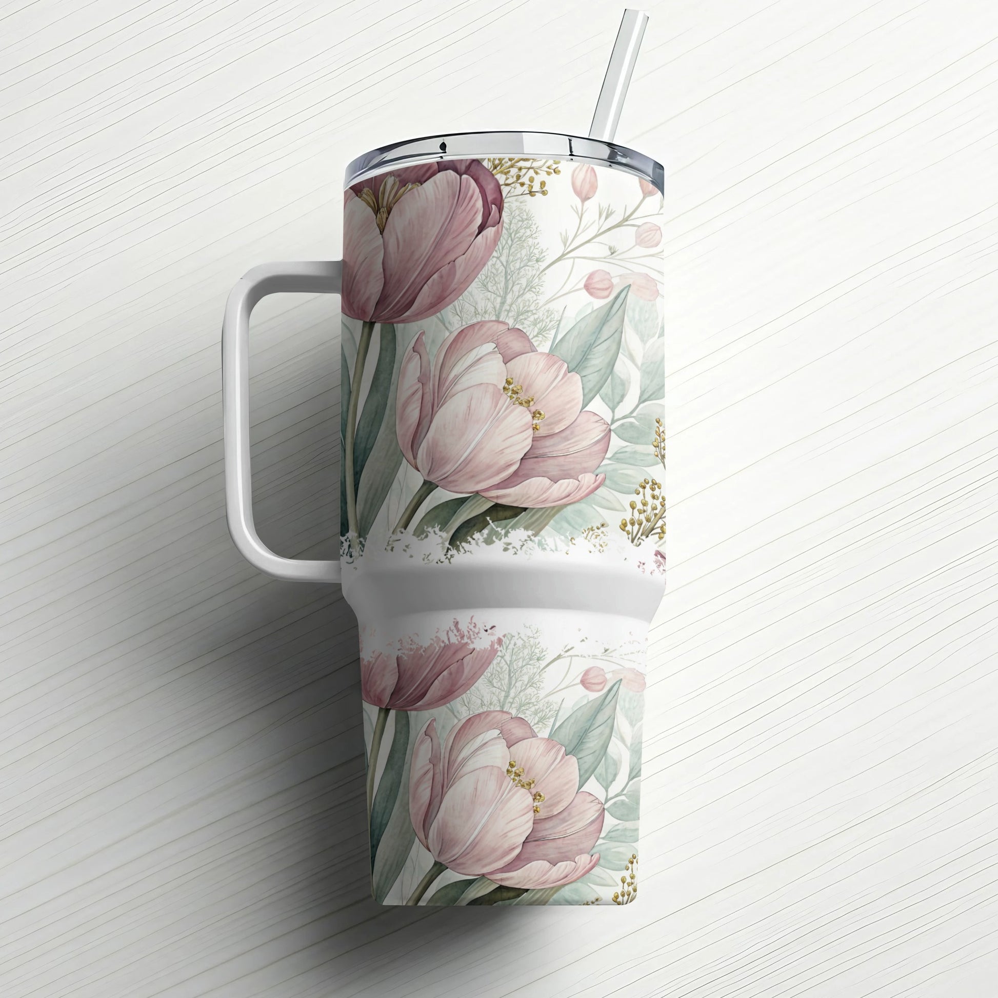 Tumbler with pink tulips and green foliage design, with straw.
