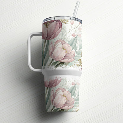 Tumbler with pink tulips and green foliage design, with straw.