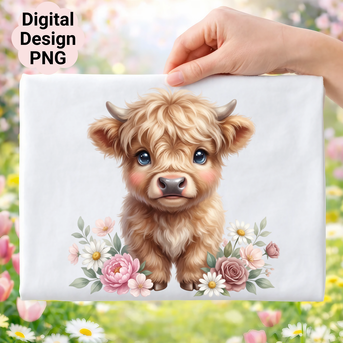 Cute fluffy calf with flowers and "Digital Design PNG" text.