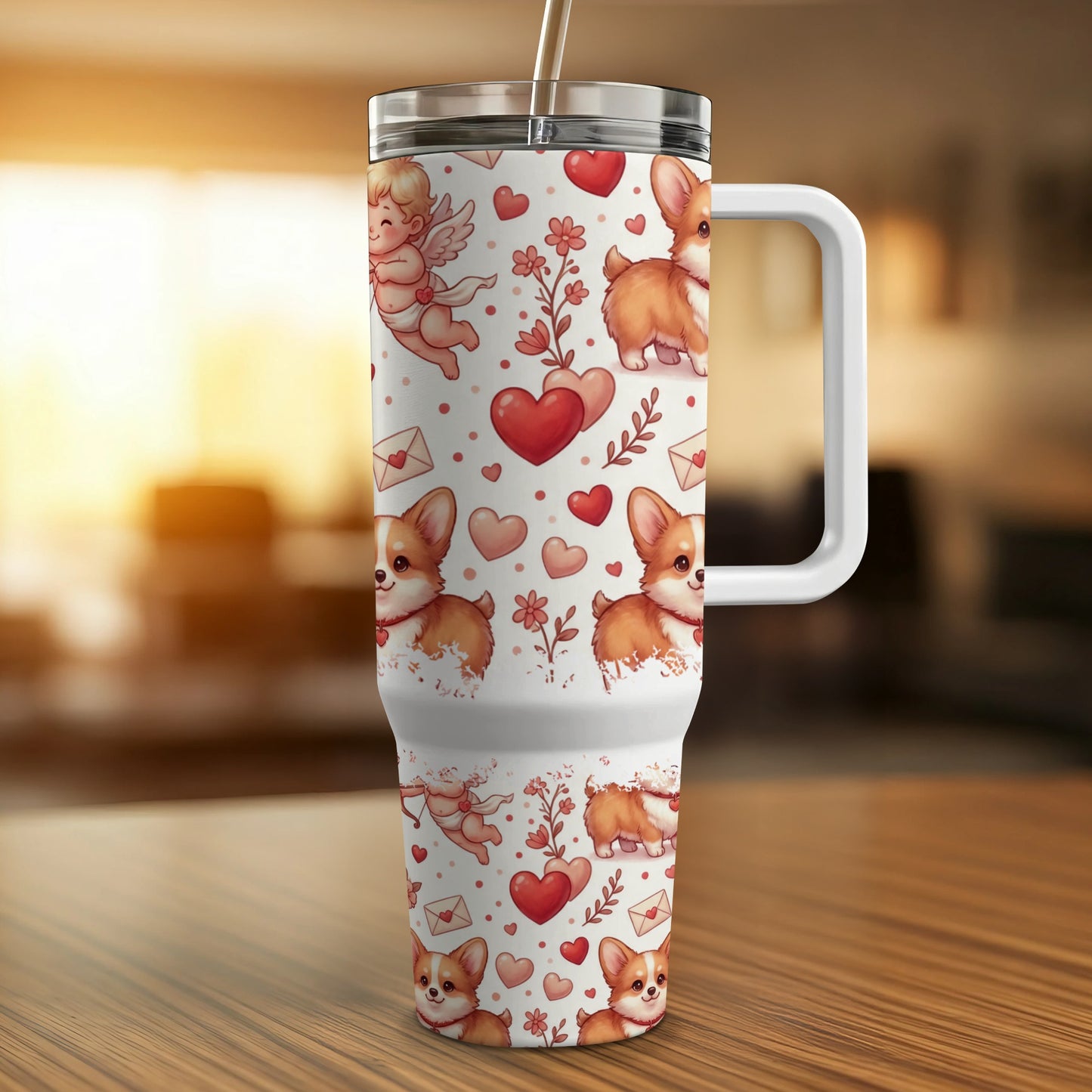 Corgi and cupid Valentine's Day tumbler with straw and handle.