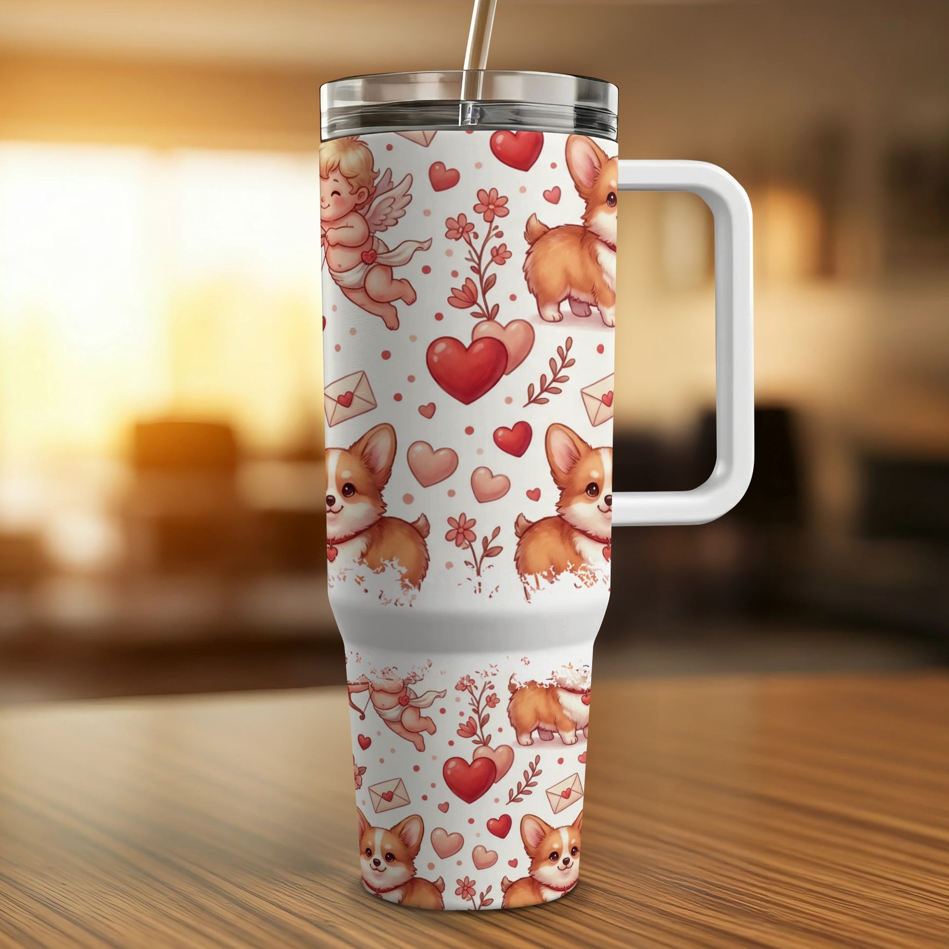 Corgi and cupid Valentine's Day tumbler with straw and handle.