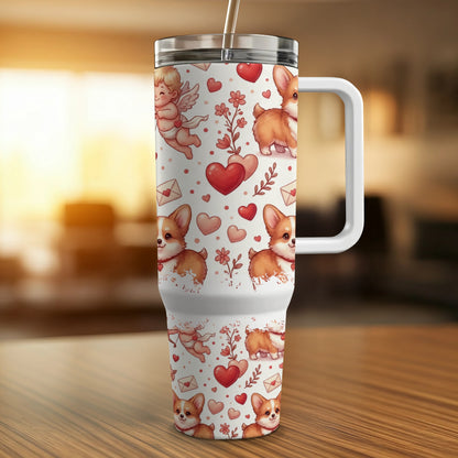 Corgi and cupid Valentine's Day tumbler with straw and handle.