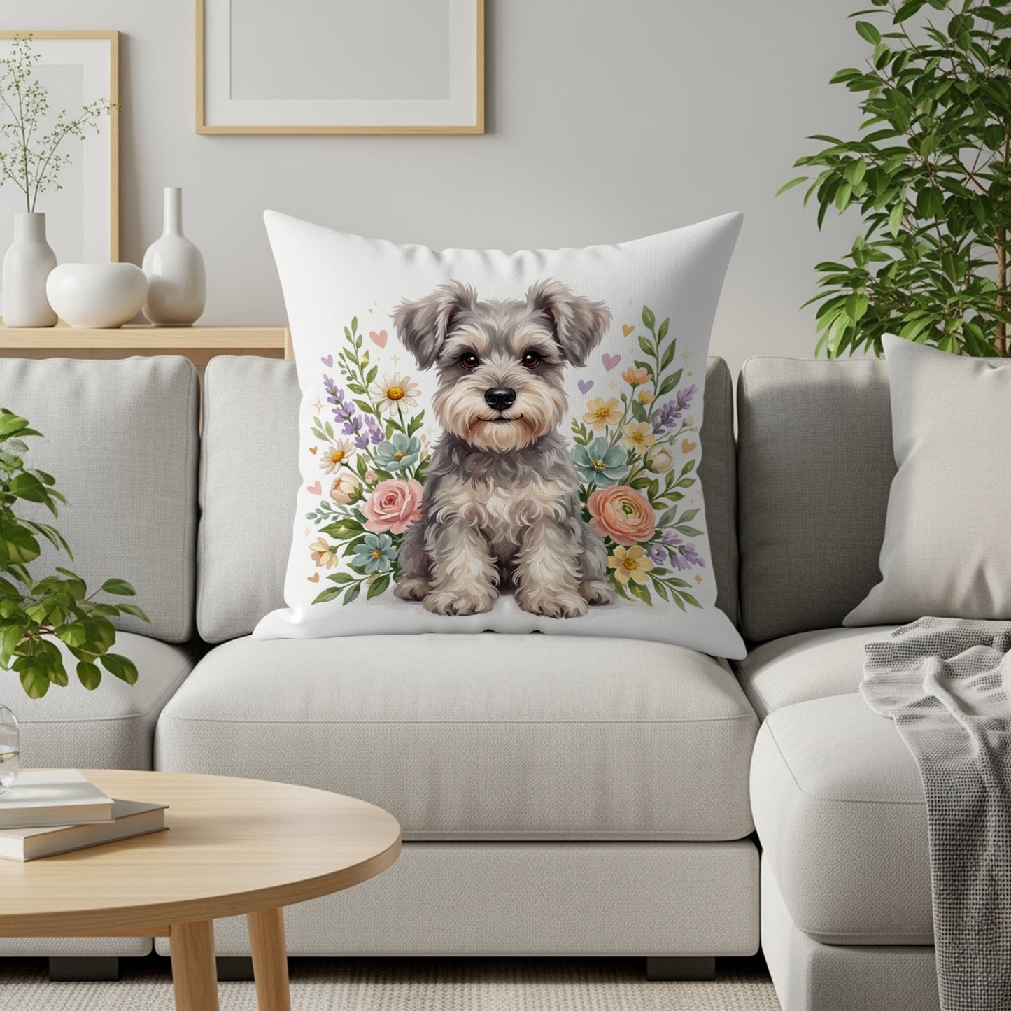 Schnauzer dog sitting on a pillow with floral accents.