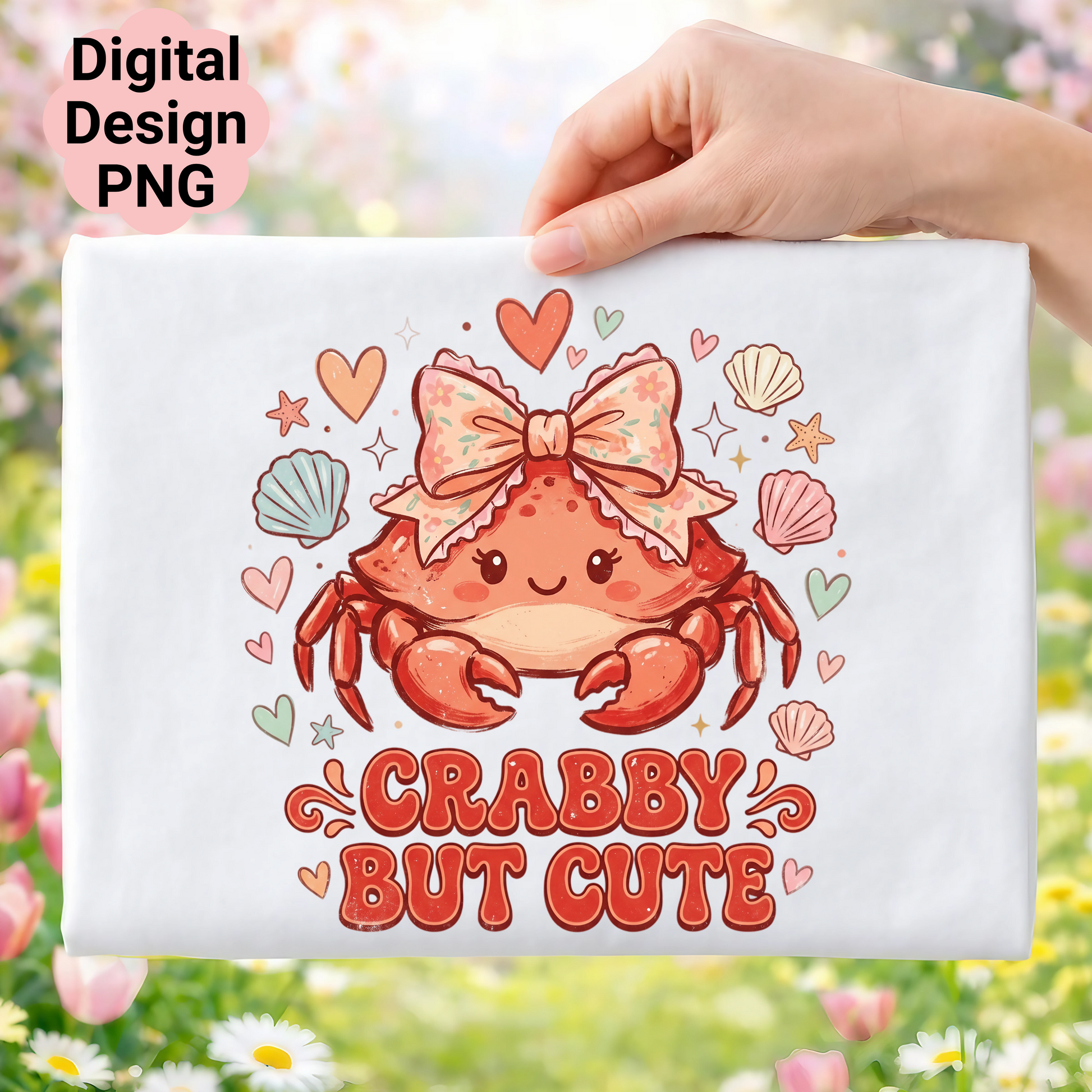 Crabby but cute crab with bow illustration on a flat lay.