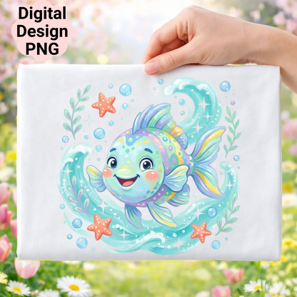 Cartoon rainbow fish with smiling face in wavy water, surrounded by starfish and bubbles.