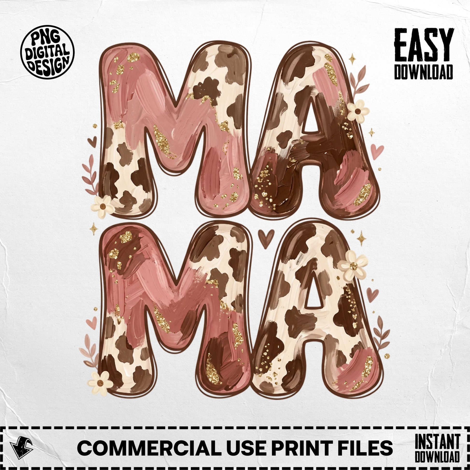 "Mama" text design with cow print and floral accents, for commercial use.