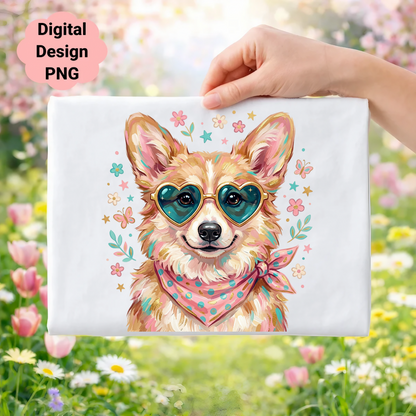 Corgi wearing heart-shaped sunglasses and a bandana, surrounded by stars and butterflies.