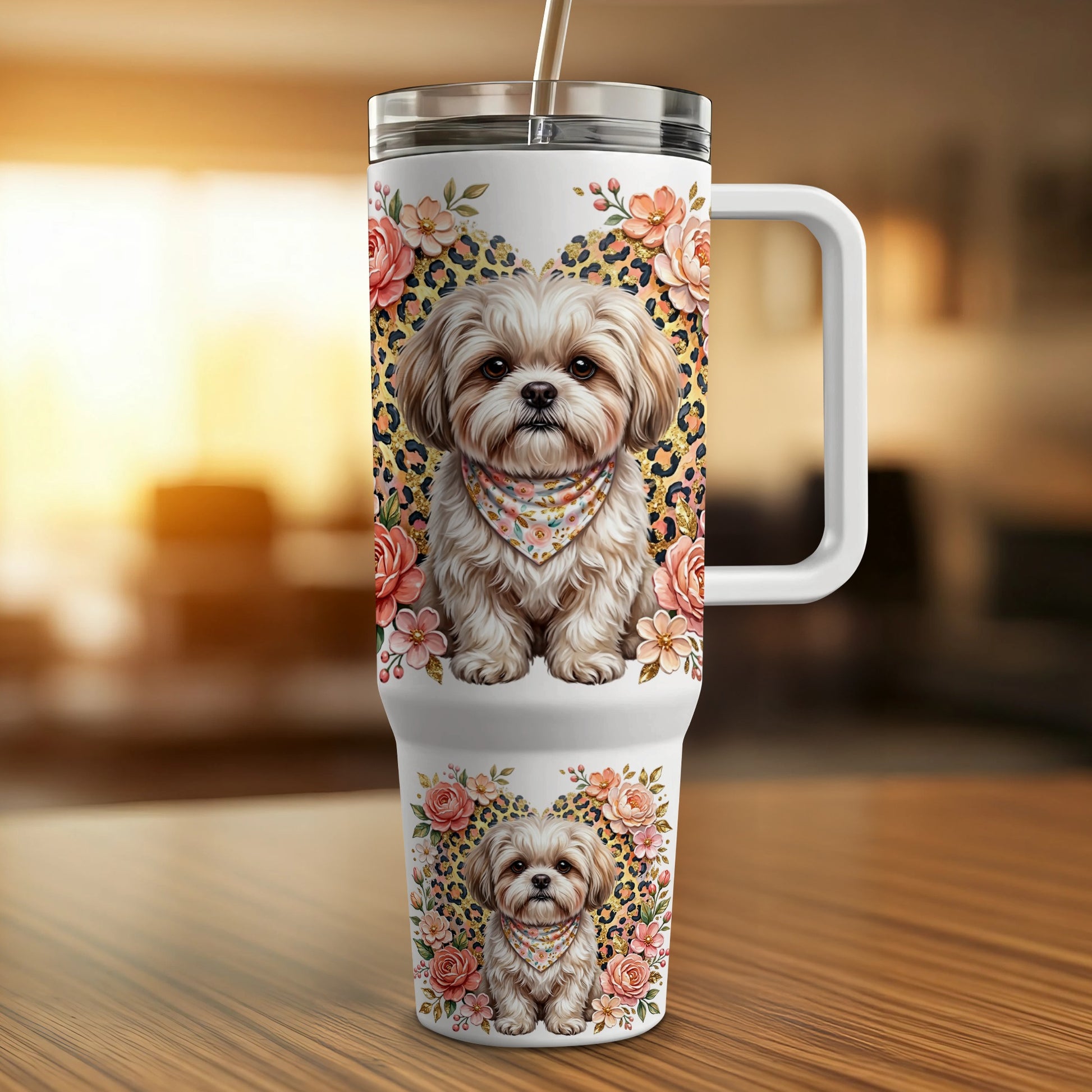 Shih Tzu dog with floral and leopard print on a tumbler.