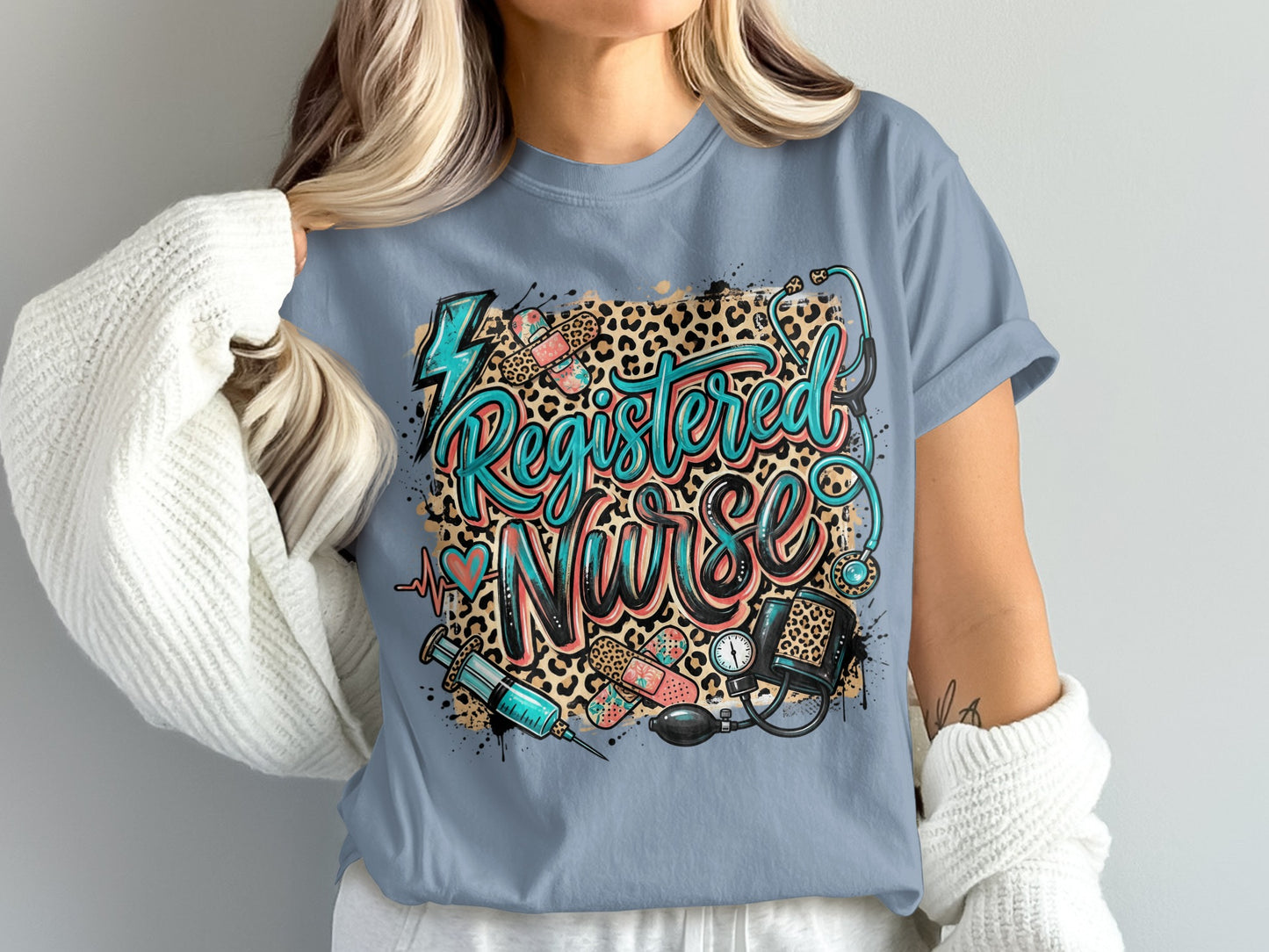 Registered Nurse graphic with medical icons and leopard print.