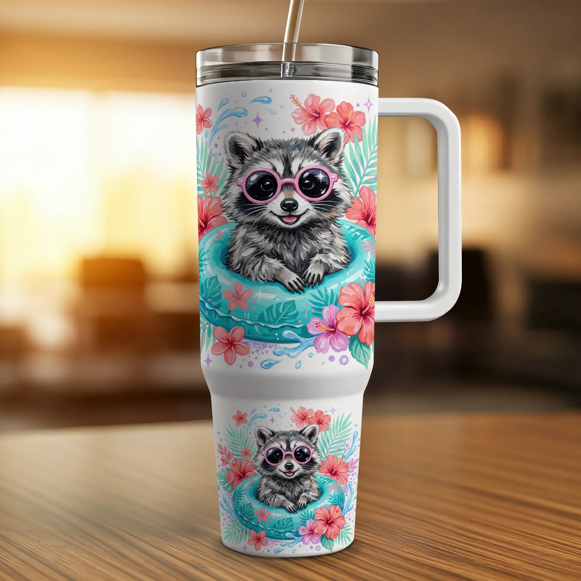 Cup with a raccoon wearing sunglasses in a pool float.