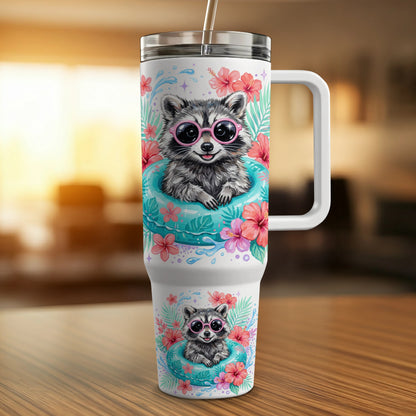Cup with a raccoon wearing sunglasses in a pool float.