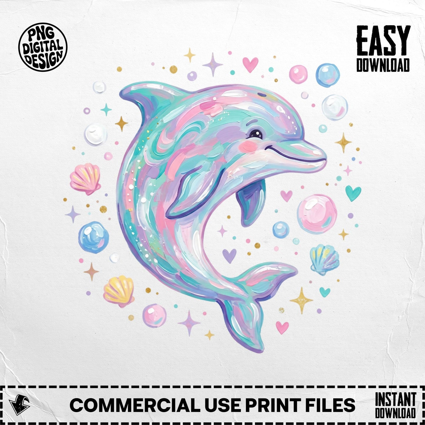 Whimsical pastel dolphin surrounded by shells and bubbles, with "Easy Download" text.