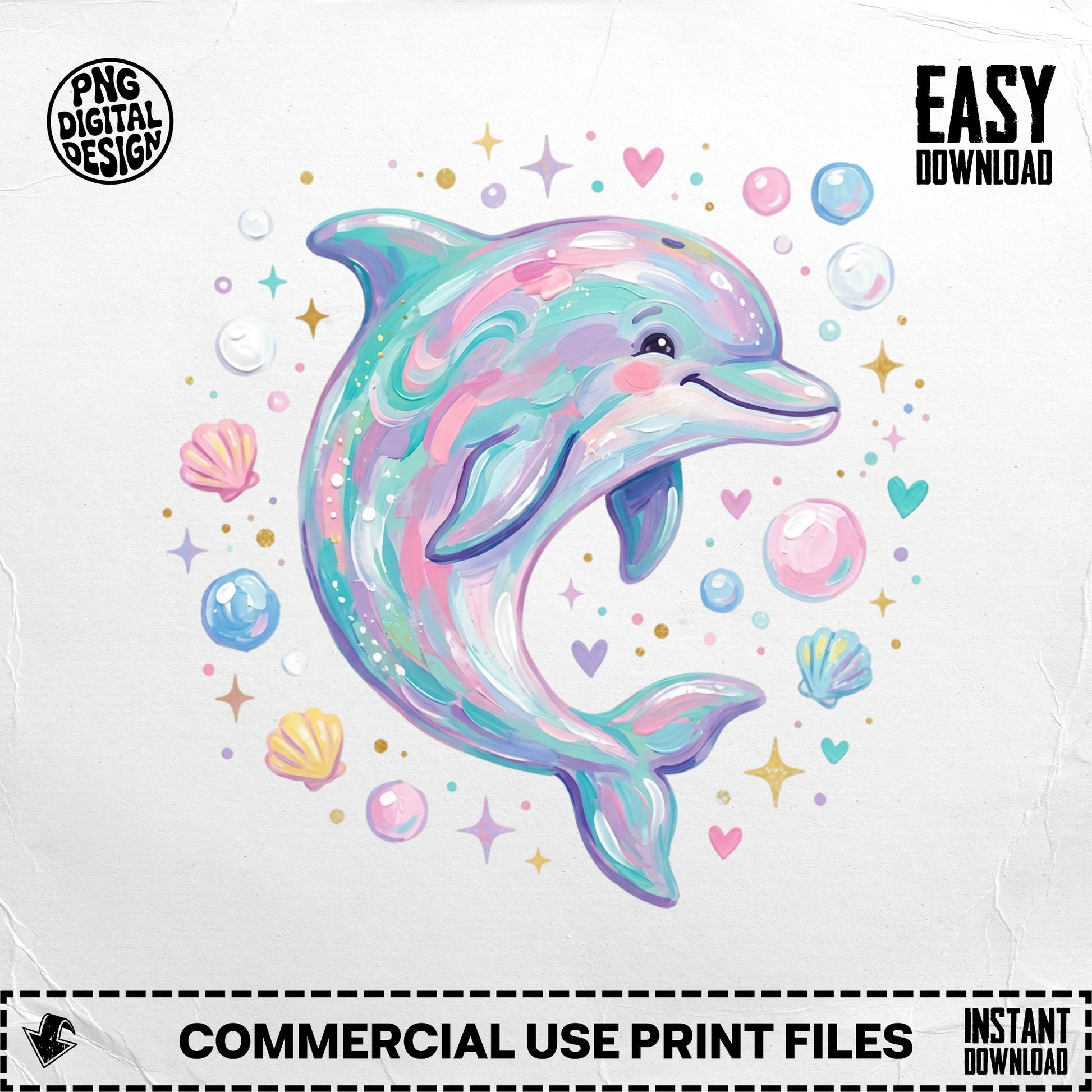 Whimsical pastel dolphin surrounded by shells and bubbles, with "Easy Download" text.