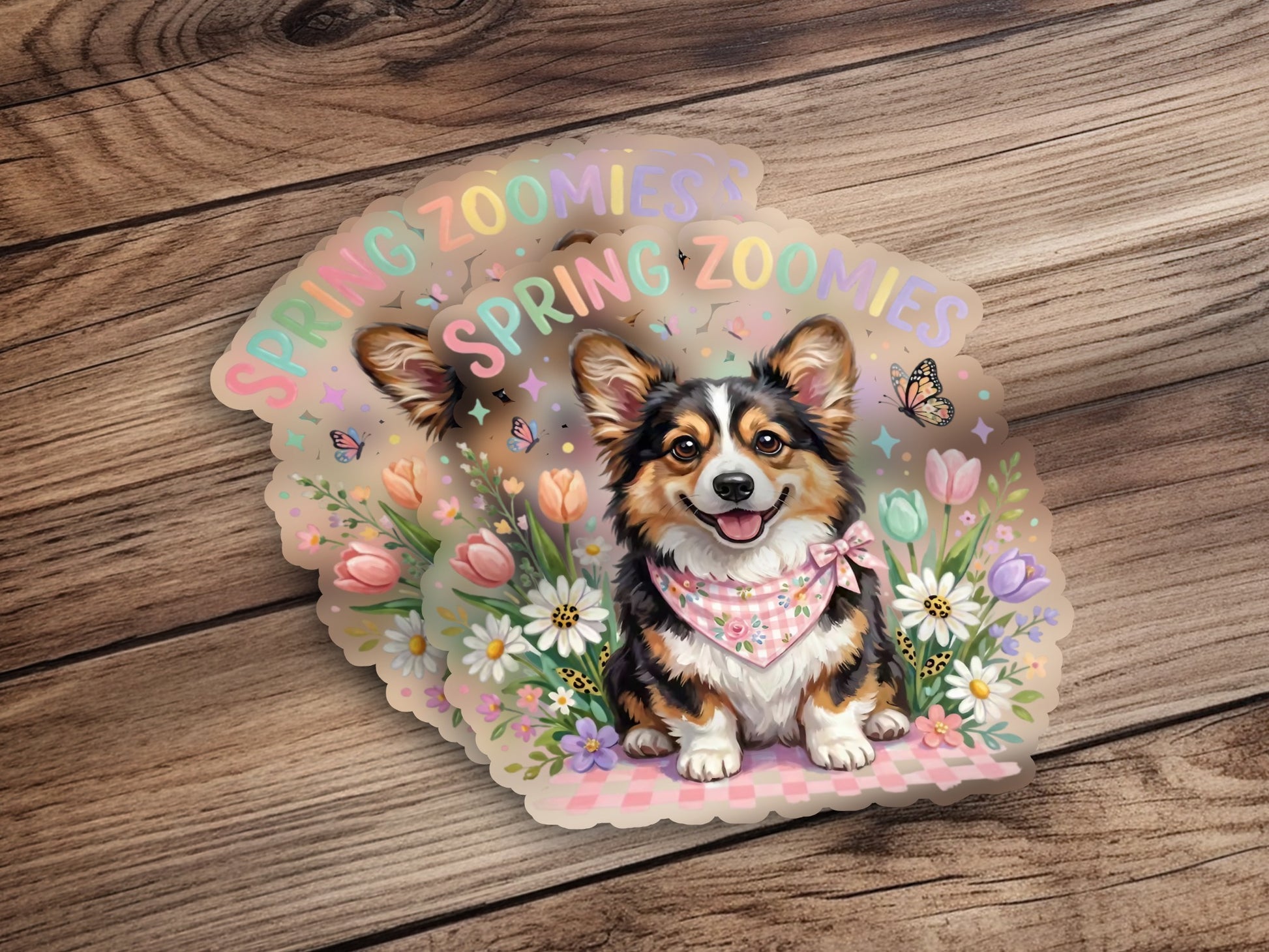 Corgi with bandana and butterflies surrounded by flowers, "Spring Zoomies" text.