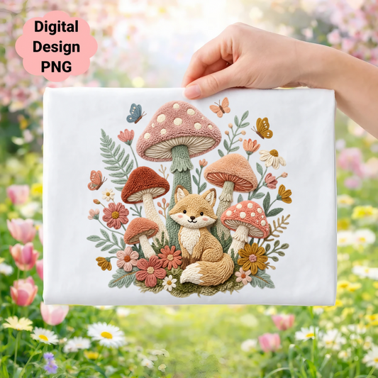 Embroidery design of a fox surrounded by mushrooms, flowers, and butterflies.