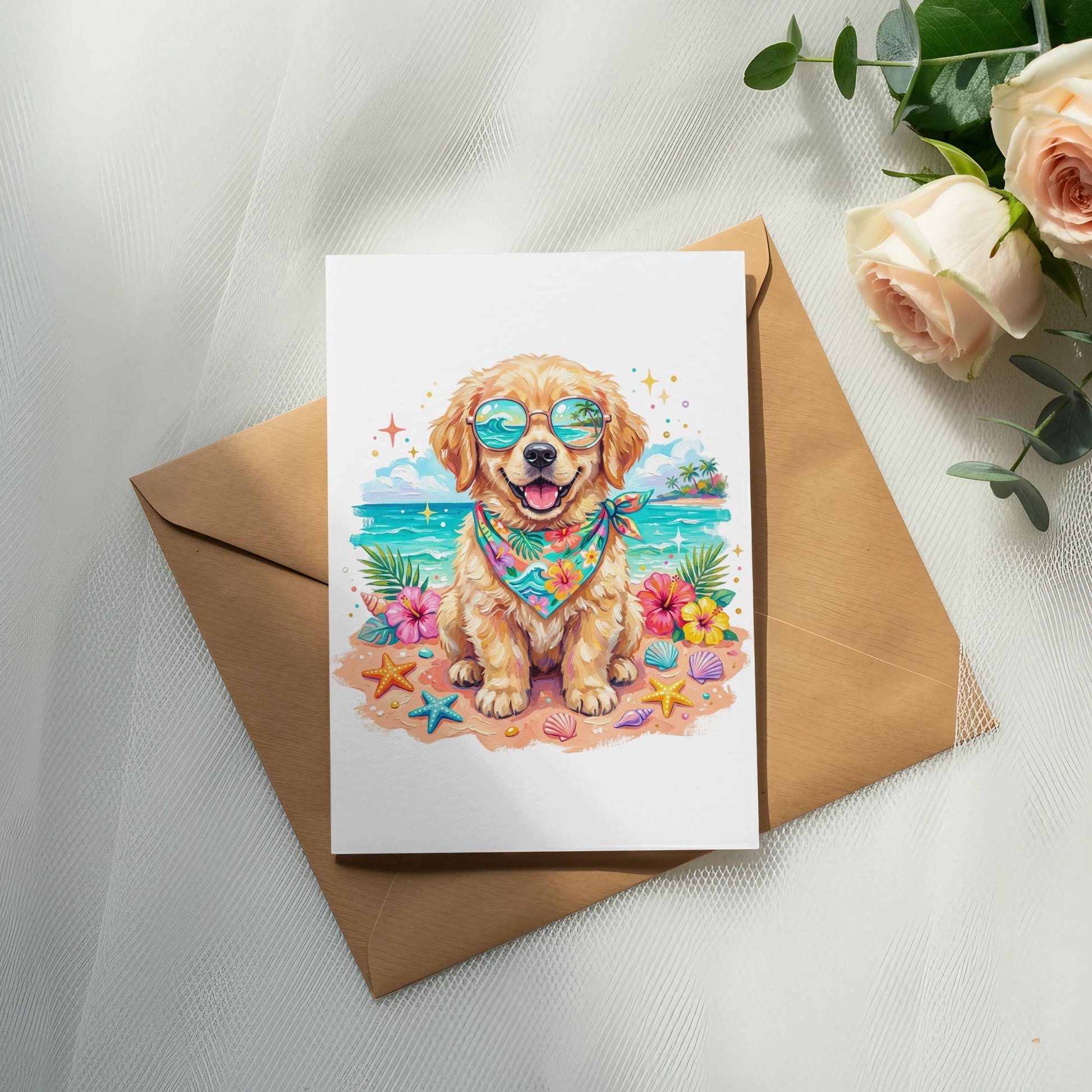 Golden retriever wearing sunglasses and bandana on a beach card.