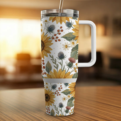 Floral tumbler with sunflowers, daisies, and berries on a wooden surface.