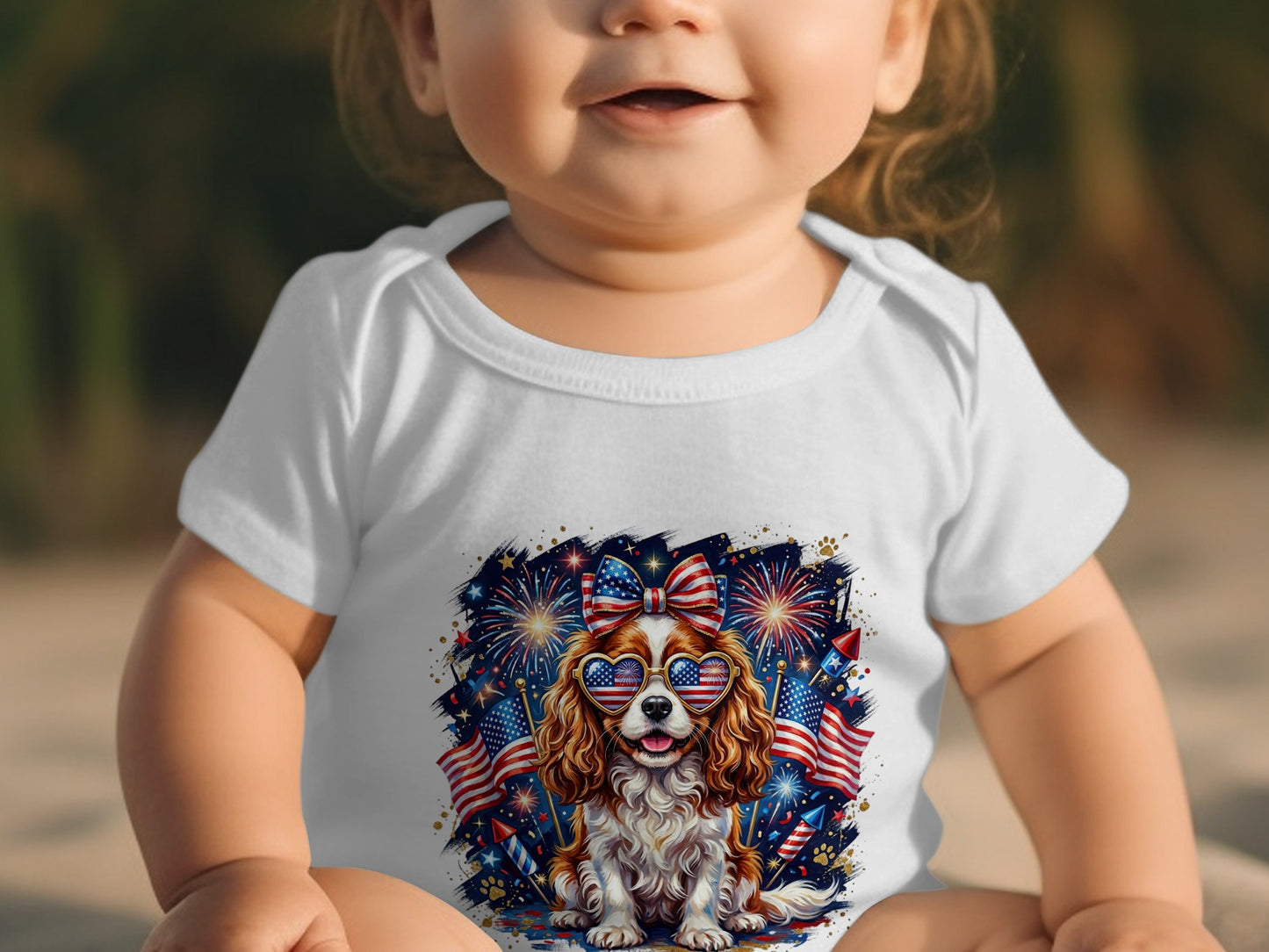 Baby in patriotic onesie with dog wearing heart-shaped sunglasses and fireworks.