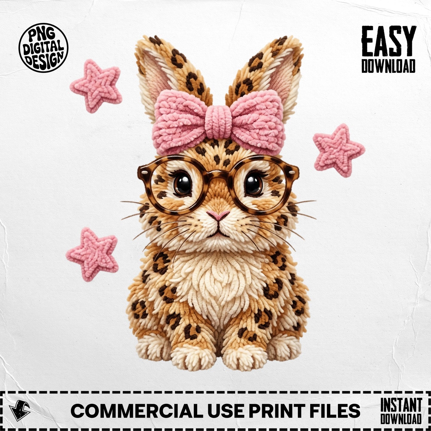 Leopard print bunny with glasses and pink bow, surrounded by stars.