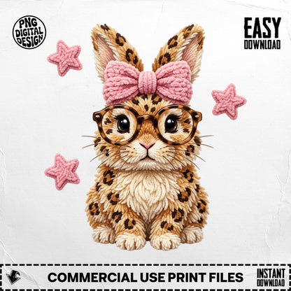 Leopard print bunny with glasses and pink bow, surrounded by stars.