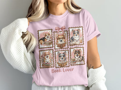 Pink t-shirt with six framed corgi illustrations reading books, "Book Lover" text.