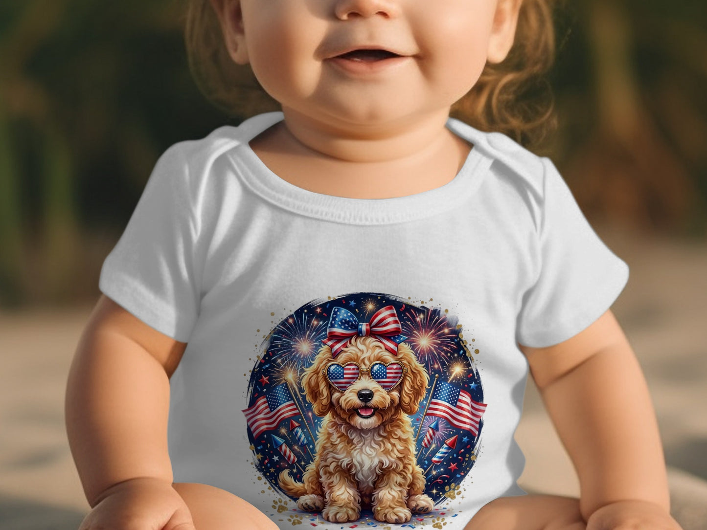 Baby in white bodysuit with a festive dog and fireworks graphic.