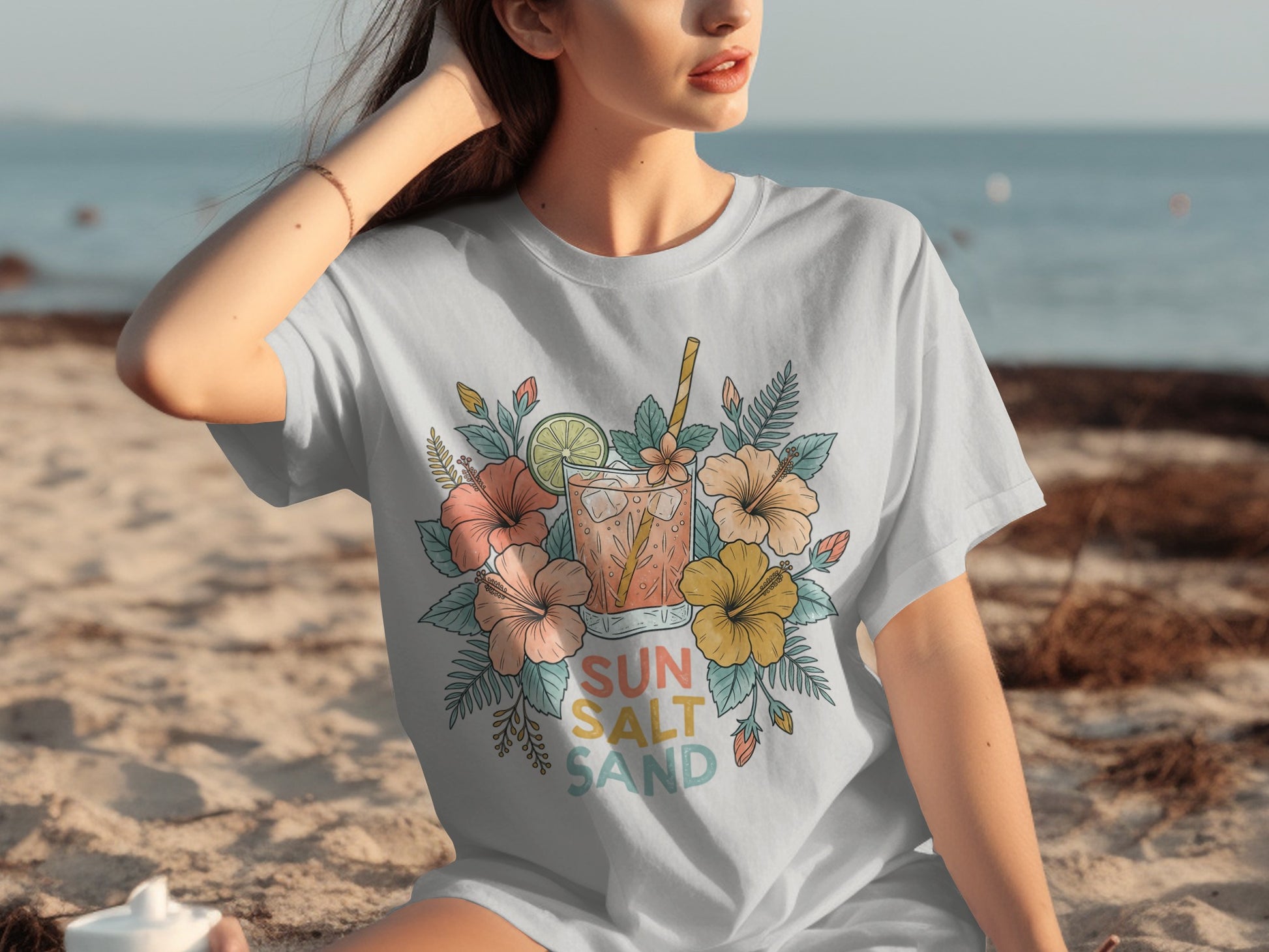 White t-shirt with floral and beverage design.