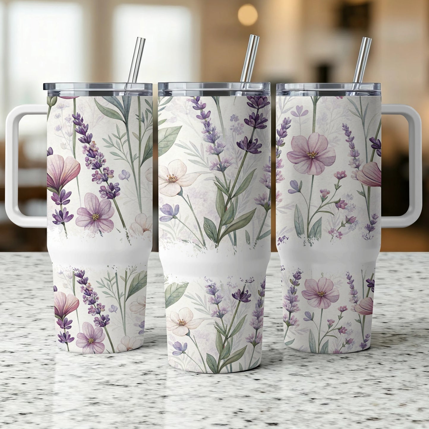 Three tumblers with a floral and lavender pattern.