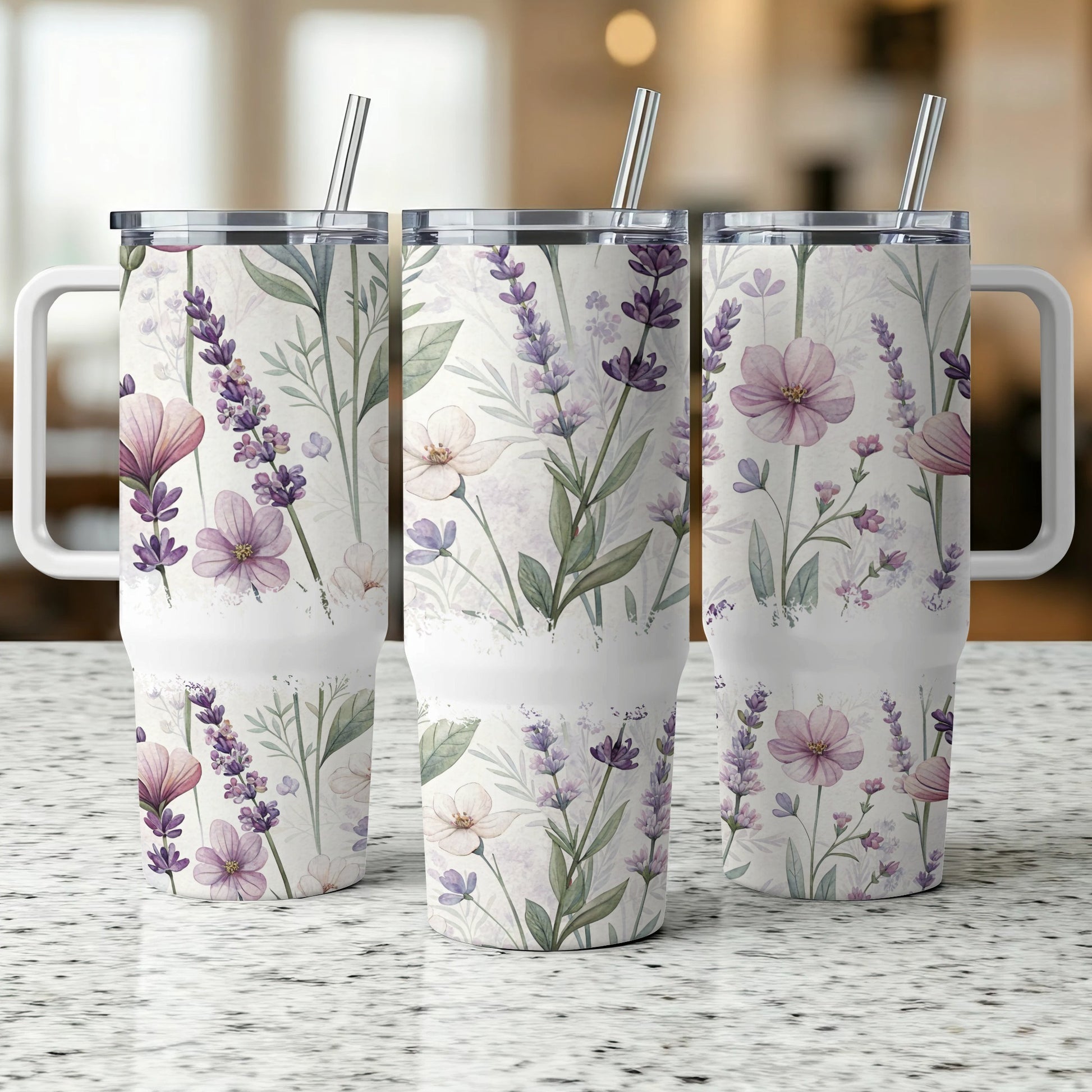 Three tumblers with a floral and lavender pattern.