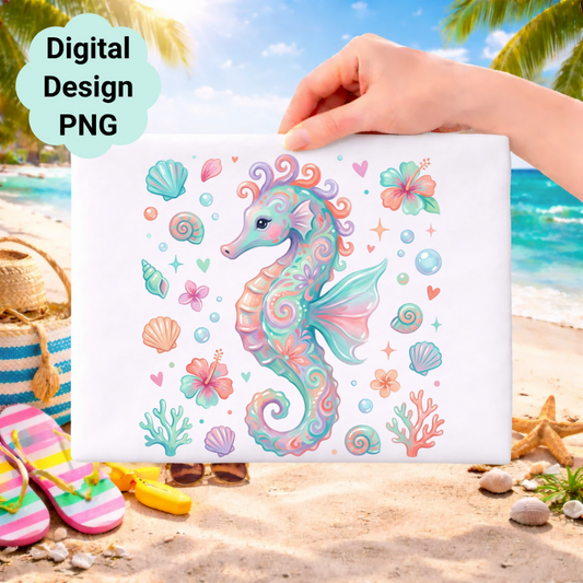 Illustration of a pastel seahorse surrounded by seashells and flowers on a beach.