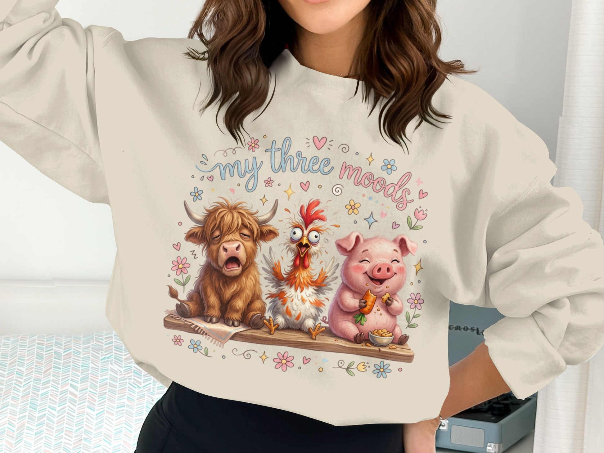 Three cartoon farm animals, cow, chicken, and pig, with "my three moods" text.