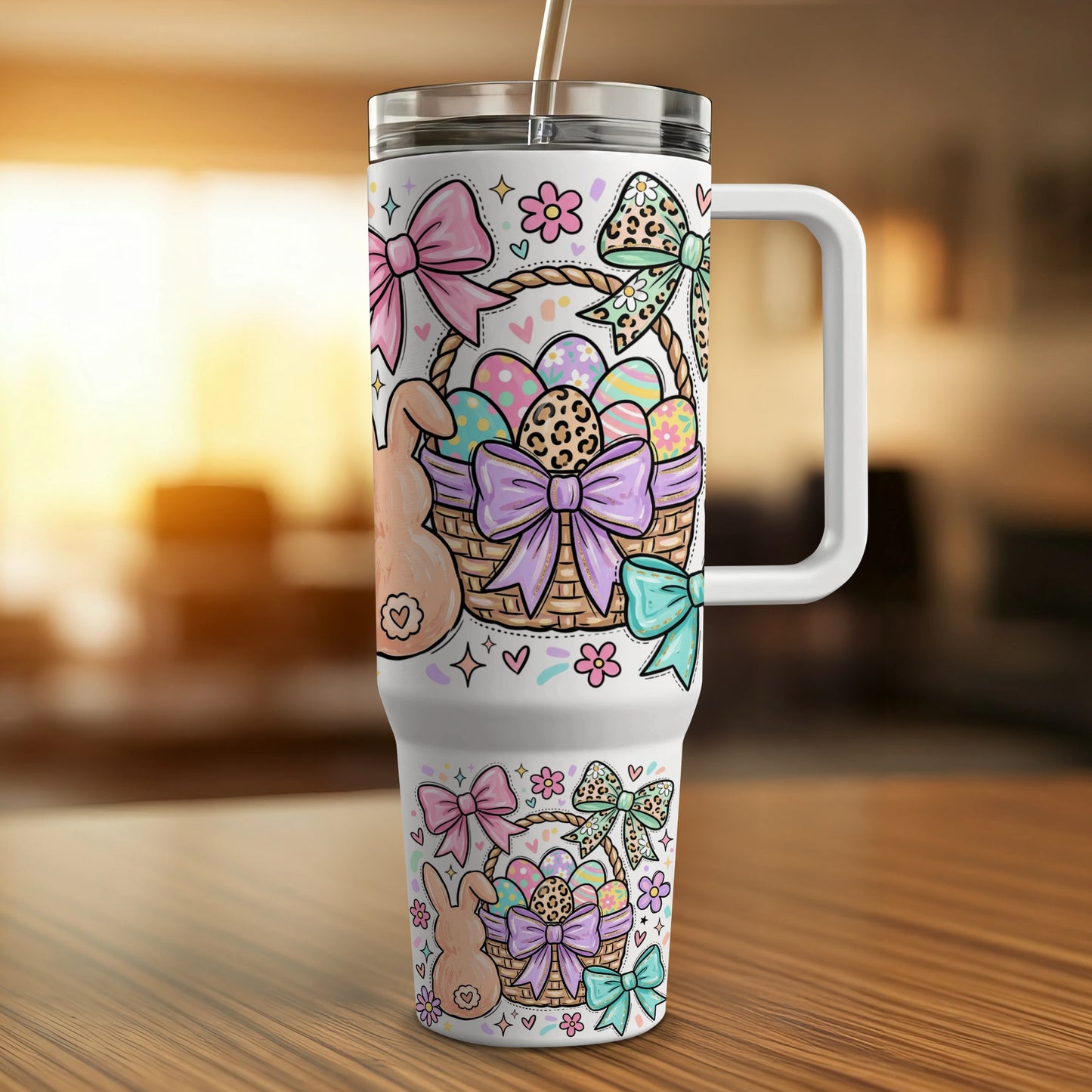 White tumbler with Easter basket, bunnies, bows, and leopard print.