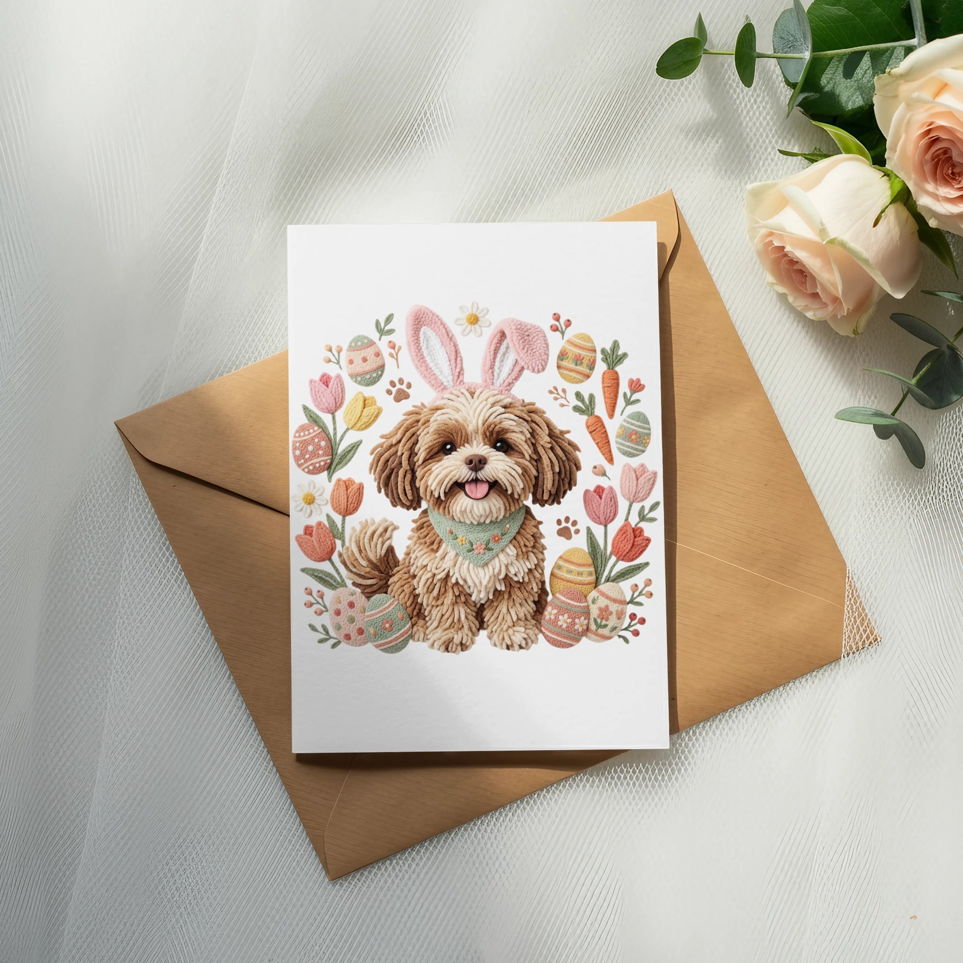 Dog wearing bunny ears and a bandana, surrounded by Easter eggs and flowers.