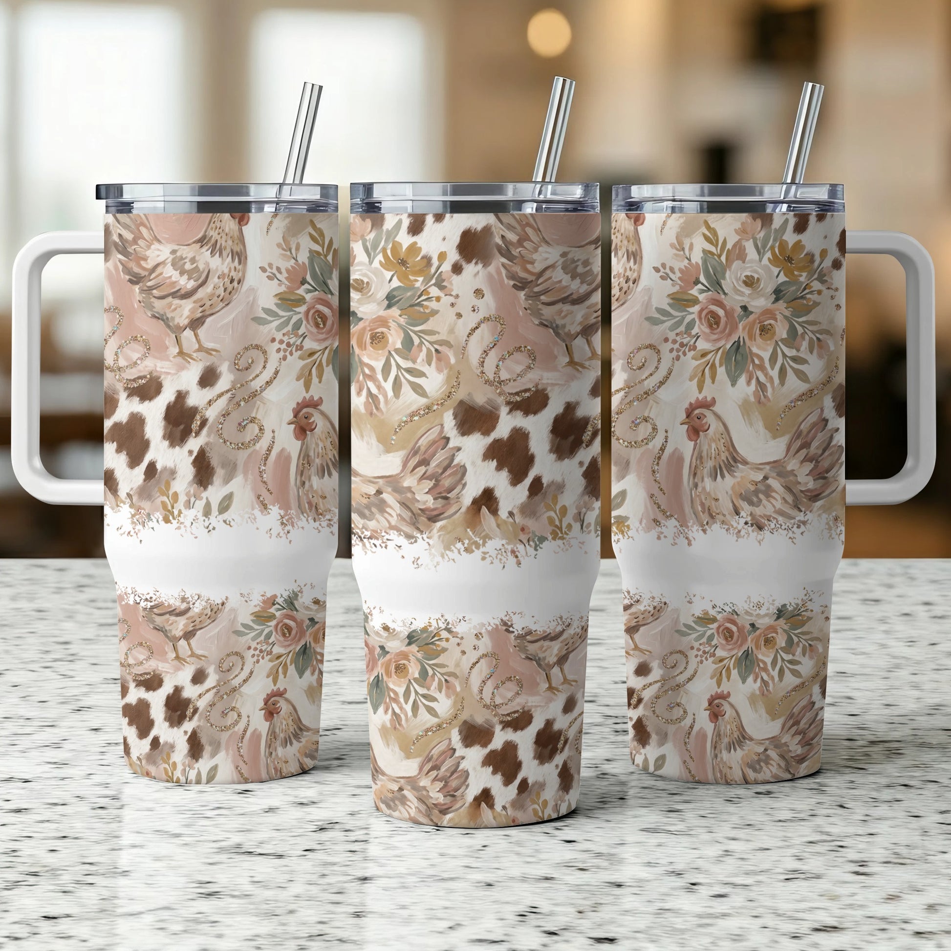 Three patterned tumblers with chickens, flowers, and cow print designs.