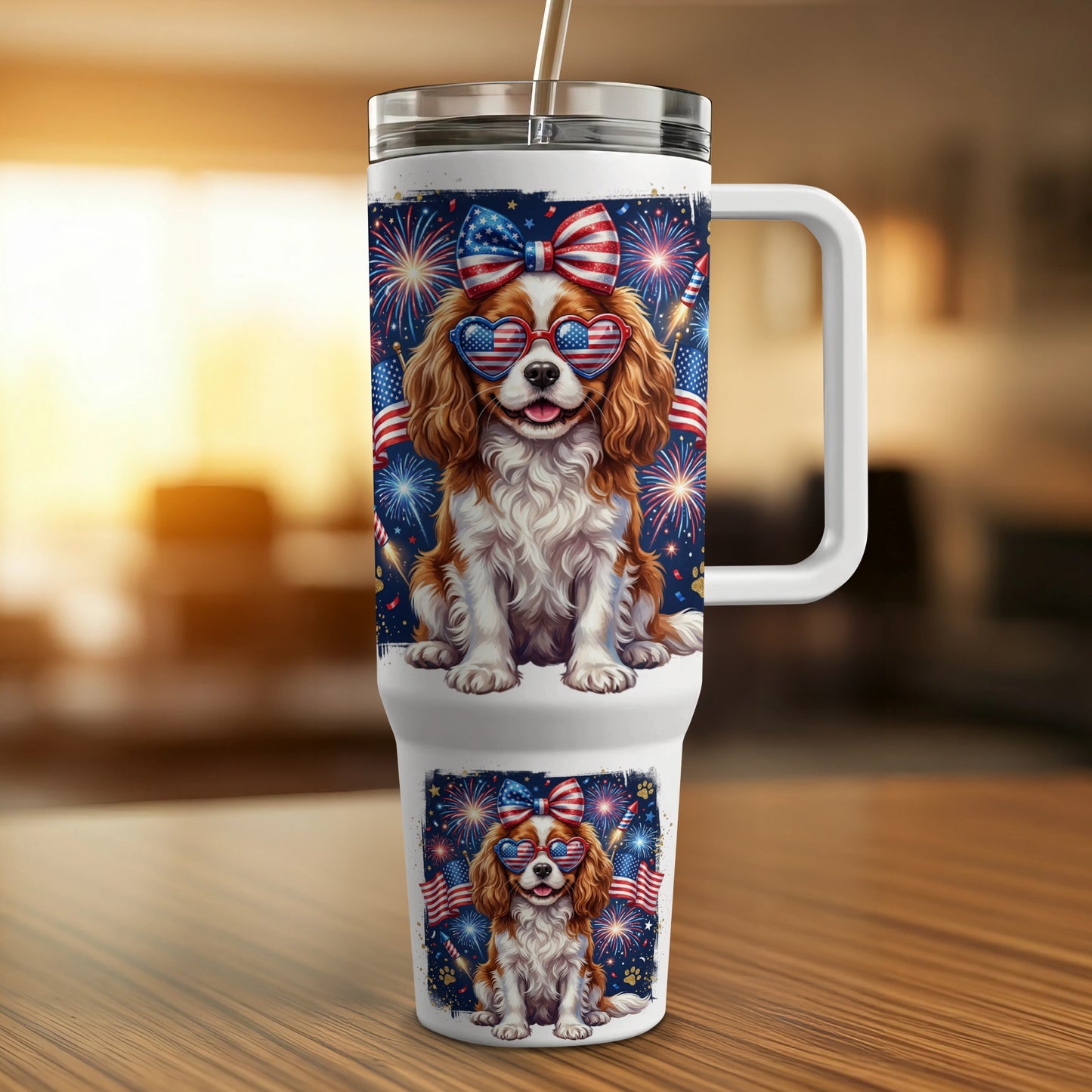 Dog wearing heart-shaped American flag sunglasses on patriotic tumbler.