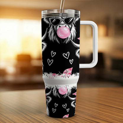 Tumbler with a Highland cow wearing sunglasses and blowing bubblegum, on black background.