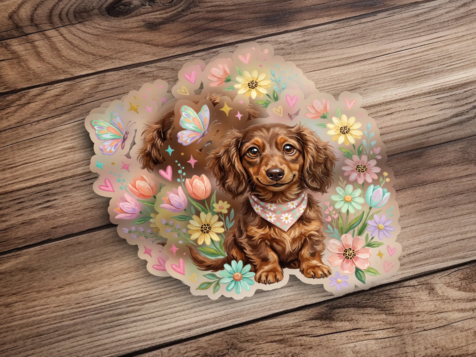 Brown dachshund wearing a bandana surrounded by flowers and butterflies.